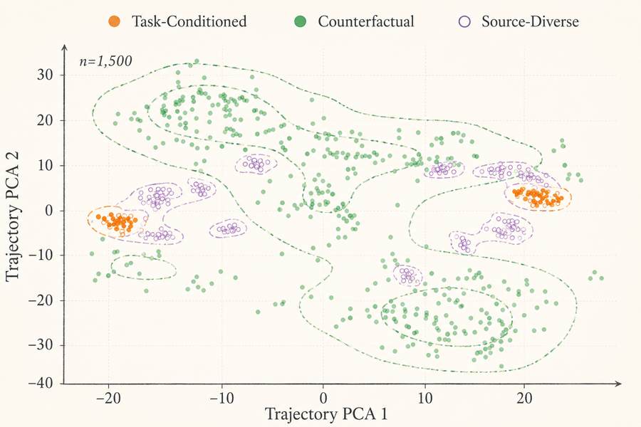 Trajectory PCA distribution comparing task-conditioned, counterfactual, and source-diverse actions